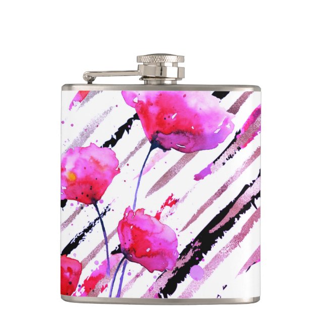 *~* Rose Gold White Pink Lavender Poppy Pattern Flask (Front)