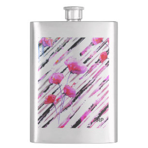 *~* Rose Gold White Pink Lavender Poppy Pattern Flask