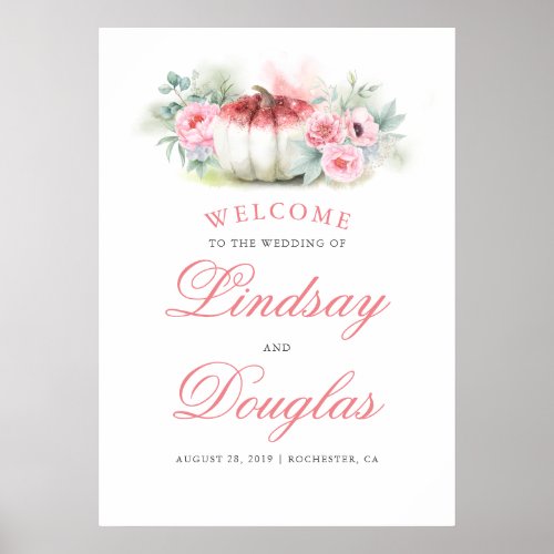 Rose Gold White Pumpkins Fall Wedding Welcome Sign