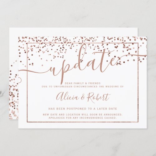 Rose gold white script postponed update invitation