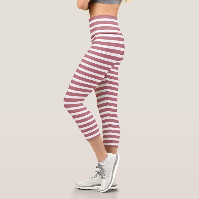 Rose Gold White Simple Horizontal Striped Capri Leggings (Left)