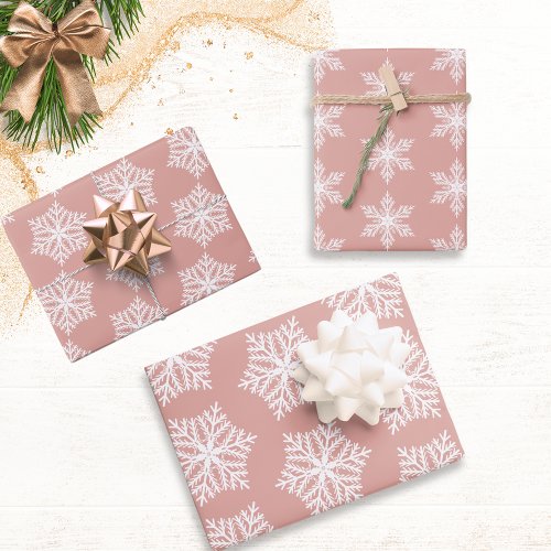 Rose Gold  White Snowflakes Pattern Christmas Wrapping Paper Sheets