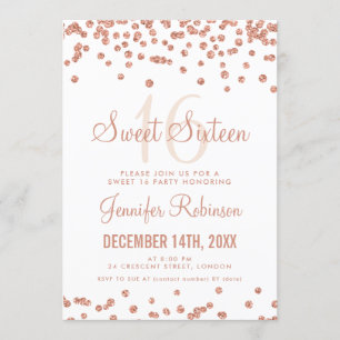 Rose Gold White Sweet 16 Birthday Glitter Confetti Invitation