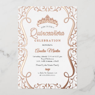 Rose Gold White Swirl Elegant Quinceanera  Foil Invitation