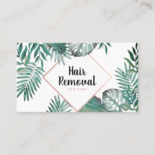 Rose gold white tropical green watercolor leaves business card