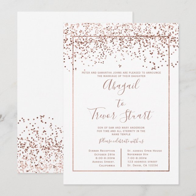 Rose gold white typography confetti wedding invitation (Front/Back)