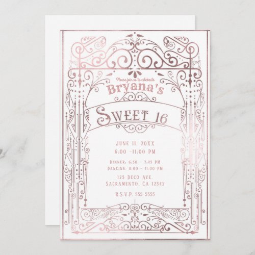 Rose Gold White Vintage Victorian Deco Sweet 16 Invitation