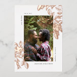 Rose Gold Wild Rose Modern Elegance Save the Date Foil Invitation<br><div class="desc">Antique wild rose graphics in real rose gold foil frame your best vertical engagement photo alongside elegant custom text with room for more information on the back of the card.</div>
