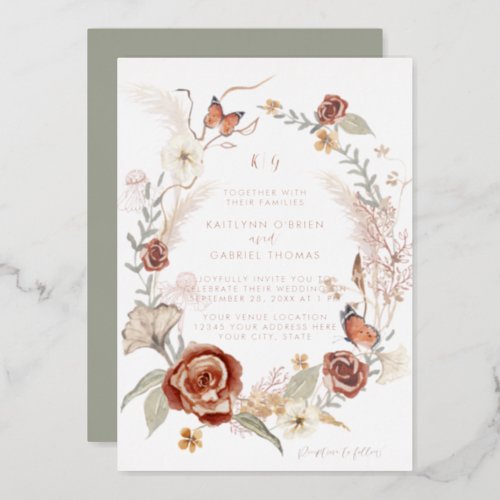 Rose Gold Wildflower Wreath Butterfly Sage Wedding Foil Invitation