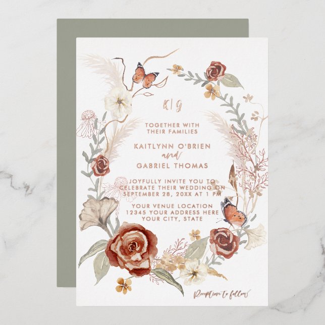 Rose Gold Wildflower Wreath Butterfly Sage Wedding Foil Invitation (Front/Back)