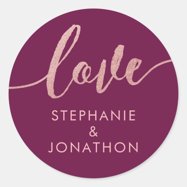 Rose Gold & Wine Love Script Names Favor Sticker (Front)