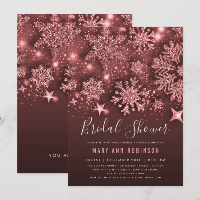 Rose Gold Winter Bridal Shower Glitter & Stars Invitation (Front/Back)