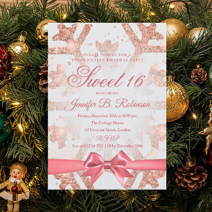 Rose Gold Winter Glitter Bow Sweet 16 Birthday  Invitation