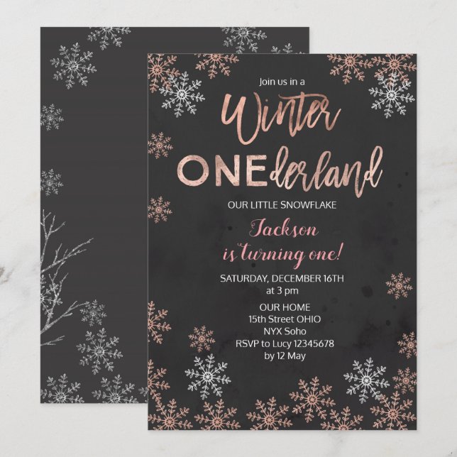 Rose Gold Winter Onederland First Birthday Invite (Front/Back)