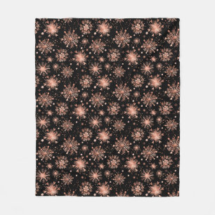 Rose Gold Winter Snowflakes on Black Fleece Blanket