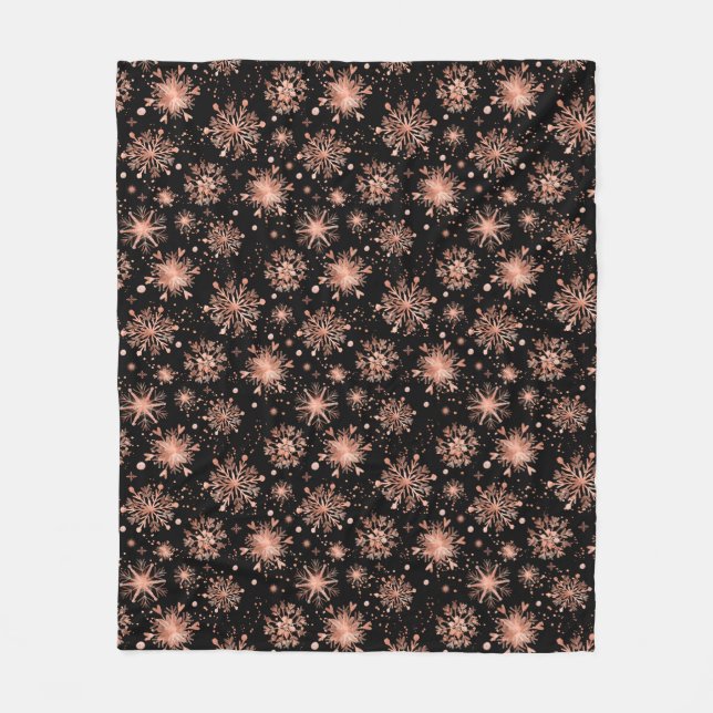 Rose Gold Winter Snowflakes on Black Fleece Blanket (Front)