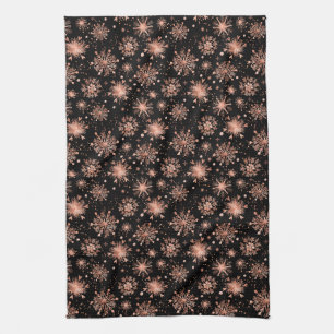 Rose Gold Winter Snowflakes on Black Kitchen Towel