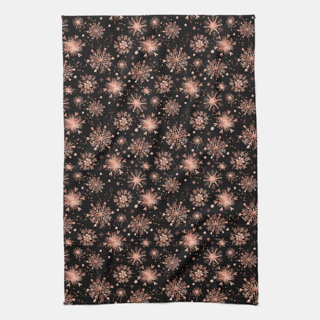 Rose Gold Winter Snowflakes on Black Kitchen Towel (Vertical)