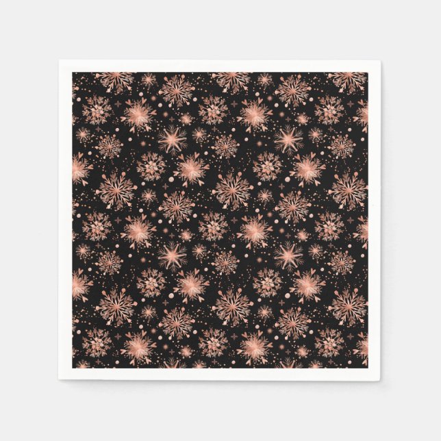 Rose Gold Winter Snowflakes on Black Napkins (Front)