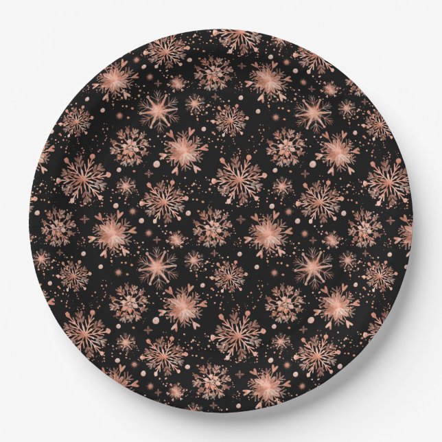 Rose Gold Winter Snowflakes on Black Paper Plates (Front)