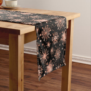 Rose Gold Winter Snowflakes on Black Short Table Runner