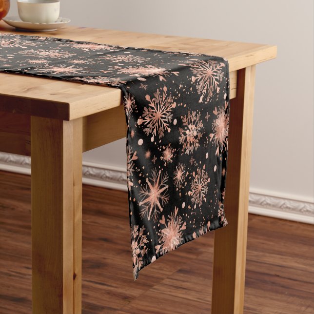 Rose Gold Winter Snowflakes on Black Short Table Runner (In Situ)