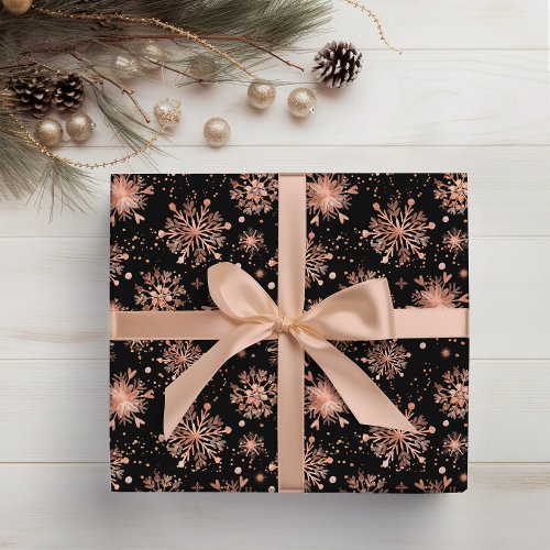 Rose Gold Winter Snowflakes on Black Wrapping Paper