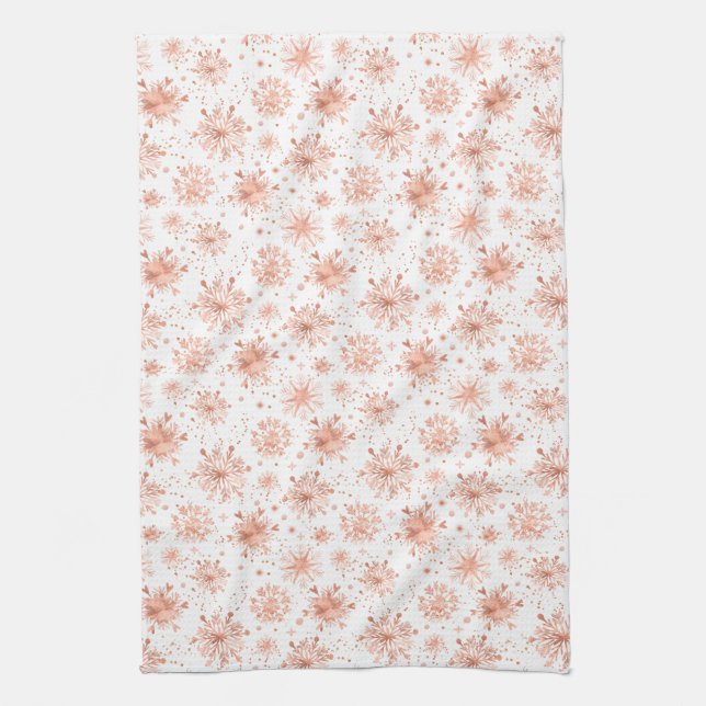 Rose Gold Winter Snowflakes on White Kitchen Towel (Vertical)