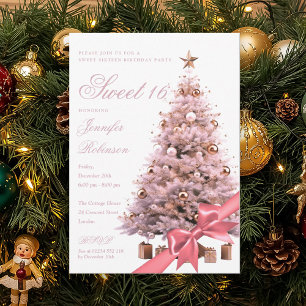 Rose Gold Winter Wonderland Bow Sweet 16 Birthday Invitation
