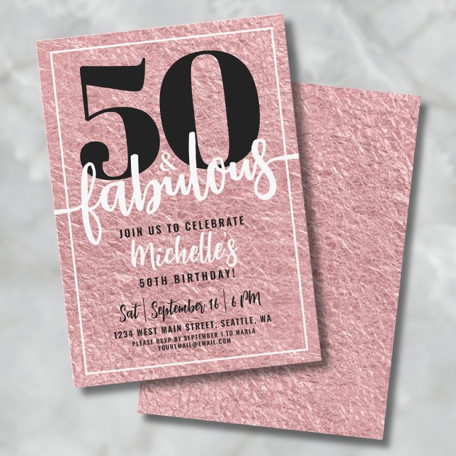 Rose Gold Womans 50th Birthday Party Invitation (Rose Gold Fifty Fabulous 50th Birthday Party Invitation)
