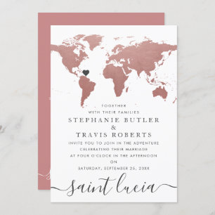 Rose Gold World Map Travel Theme Wedding Invitation