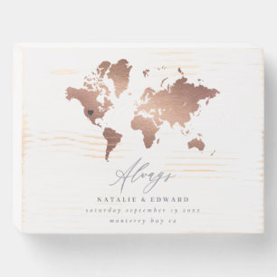 Rose gold world map wedding or anniversary gift wooden box sign