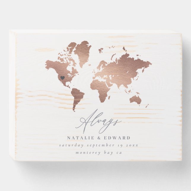 Rose gold world map wedding or anniversary gift wooden box sign (Front Horizontal)
