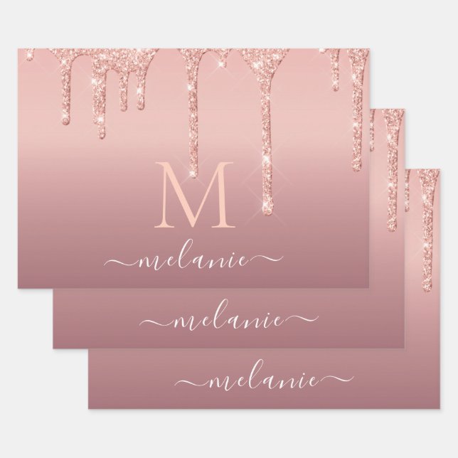 Rose Gold Wrapping Paper Sheets Custom Letter Name (Set)