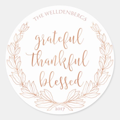 Rose Gold Wreath Grateful Thankful Blessed Classic Round Sticker