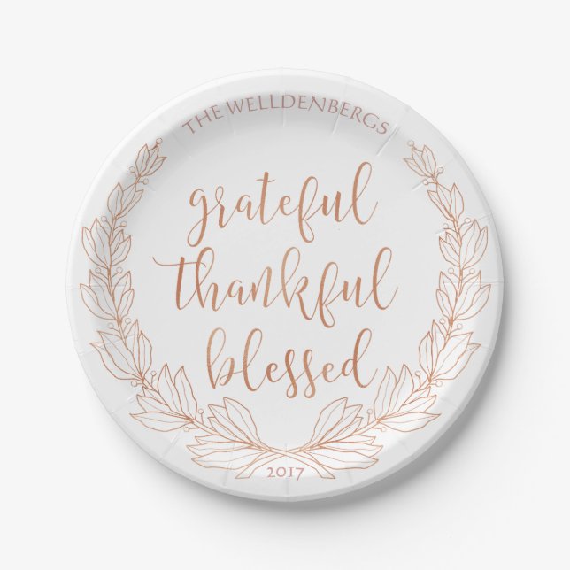 Rose Gold Wreath Grateful Thankful Blessed Paper Plates (Front)