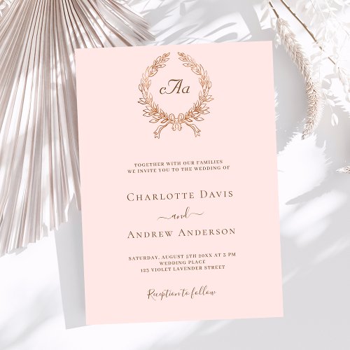 Rose gold wreath monogram luxury wedding invitation