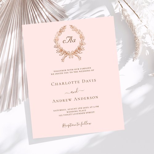 Rose gold wreath monogram wedding invitation