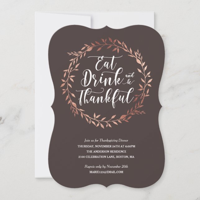 Rose Gold Wreath Thanksgiving Dinner Invitation (Front)