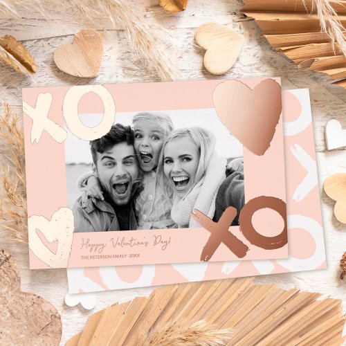 Rose gold xo heart photo valentines day  foil holiday card