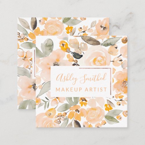 Rose Gold yellow floral watercolor chic makeup Square Business Card