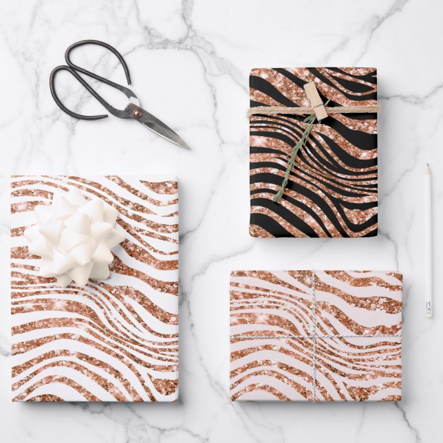 Rose Gold Zebra Glitter Wrapping Paper Sheets (Front)