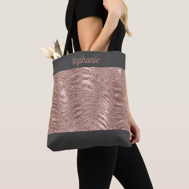 Rose Gold Zebra Print Monogram Gray Bridesmaid Tote Bag (Close Up)