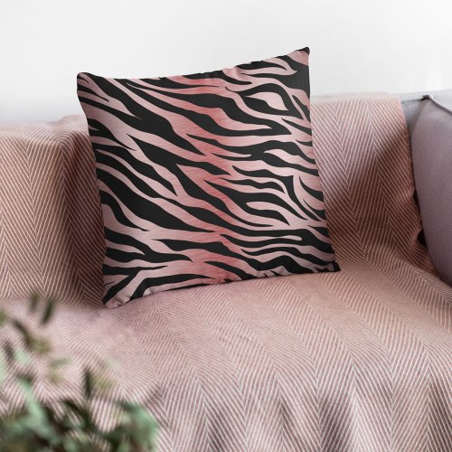Rose Gold Zebra Print on Black Throw Pillow
