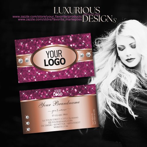 Rose Golden Pink Glitter Sparkle Diamonds and Logo Business Card