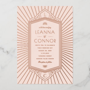Rose Golden Rays Initials Art Deco Wedding Foil Invitation