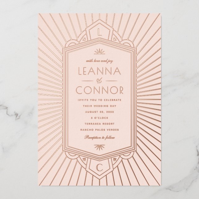 Rose Golden Rays Initials Art Deco Wedding  Foil Invitation (Front)
