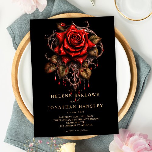 Rose Gothic Floral Black Wedding Invitation