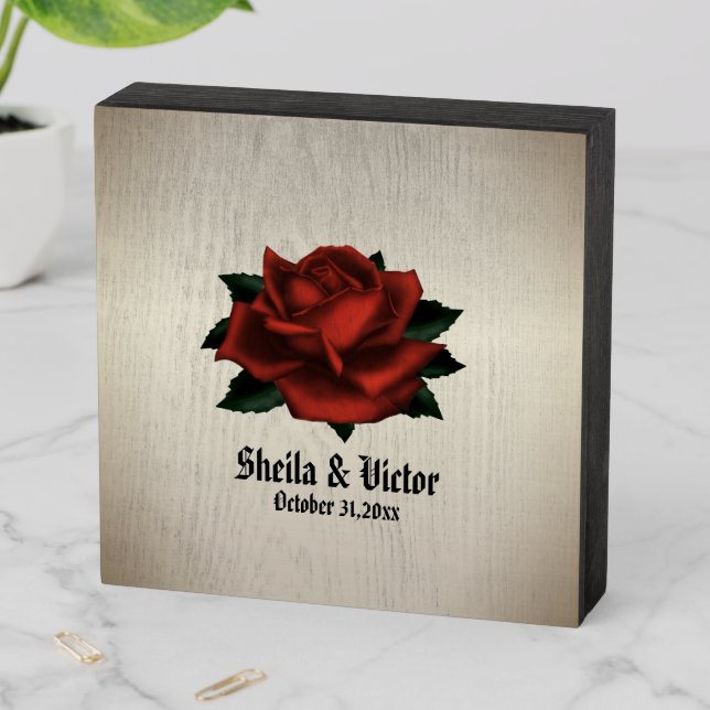 Rose Gothic Wedding Names and Date Antique Gold Wooden Box Sign (In Situ Horizontal)