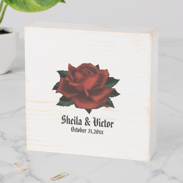 Rose Gothic Wedding Names and Date White Wooden Box Sign (In Situ Horizontal)